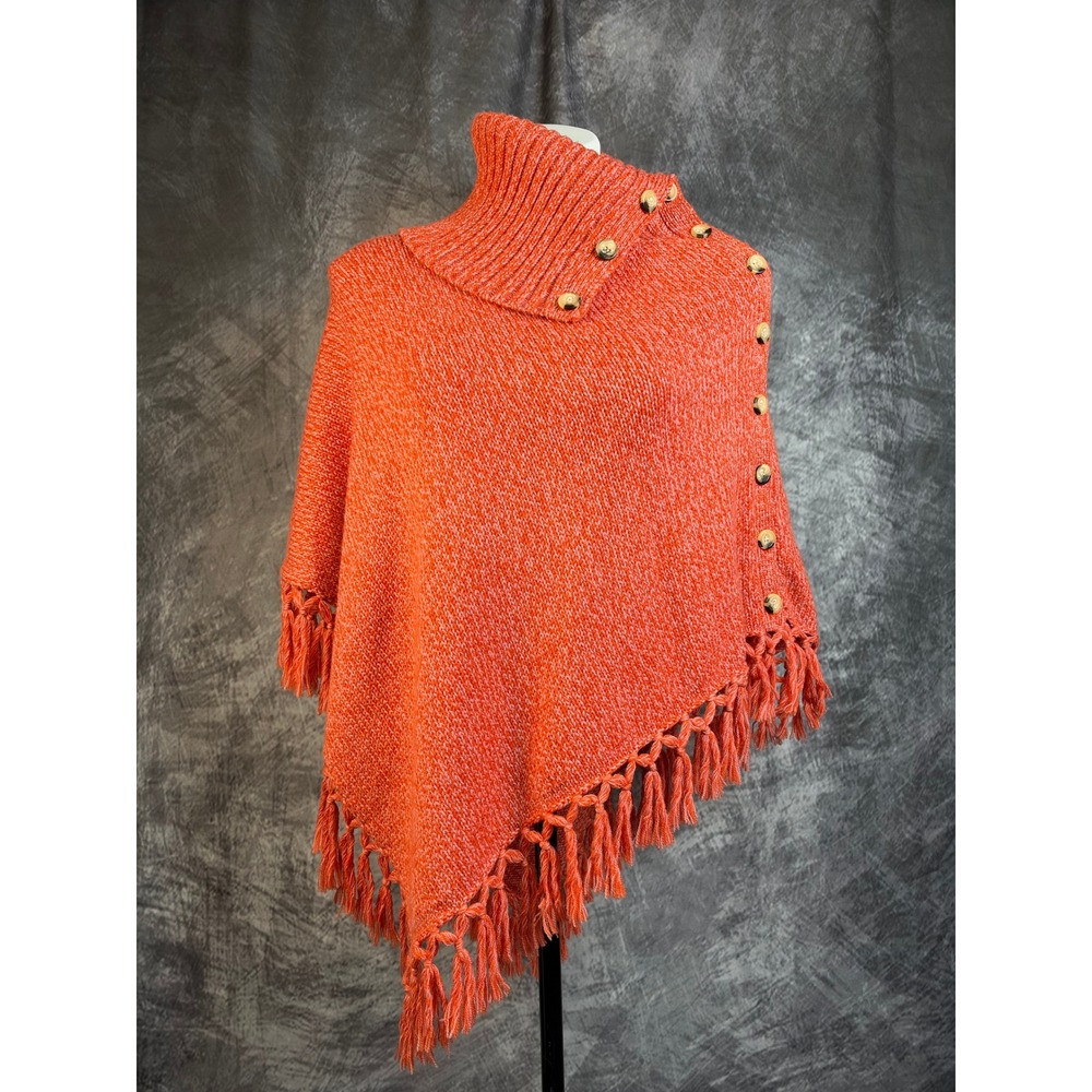 BCBGMAXAZRIA Poncho Womens One Size Orange Merino Wool Button Fringe Asymmetric